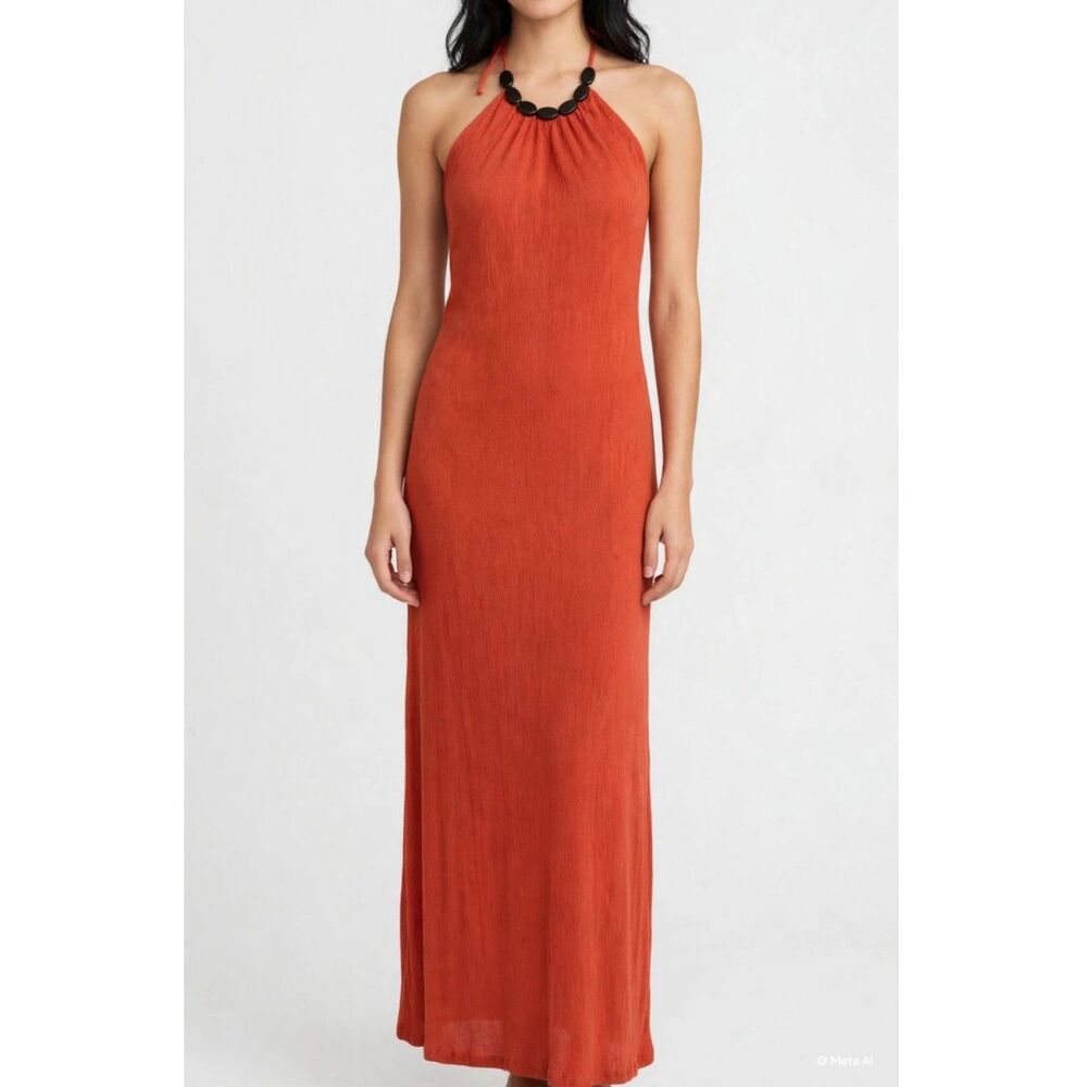 Vintage Y2K L8ter Crinkle Halter Maxi Dress with Wooden Bead Neckline - Size L